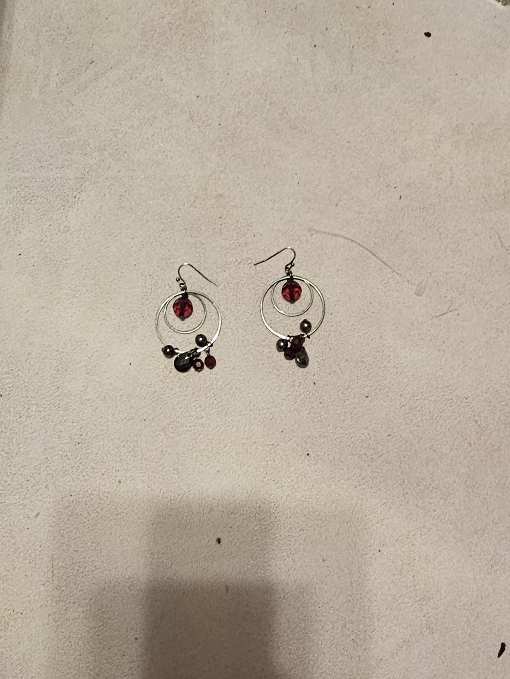 New York & Company Silver Hoop Earrings with Ruby Red Accents